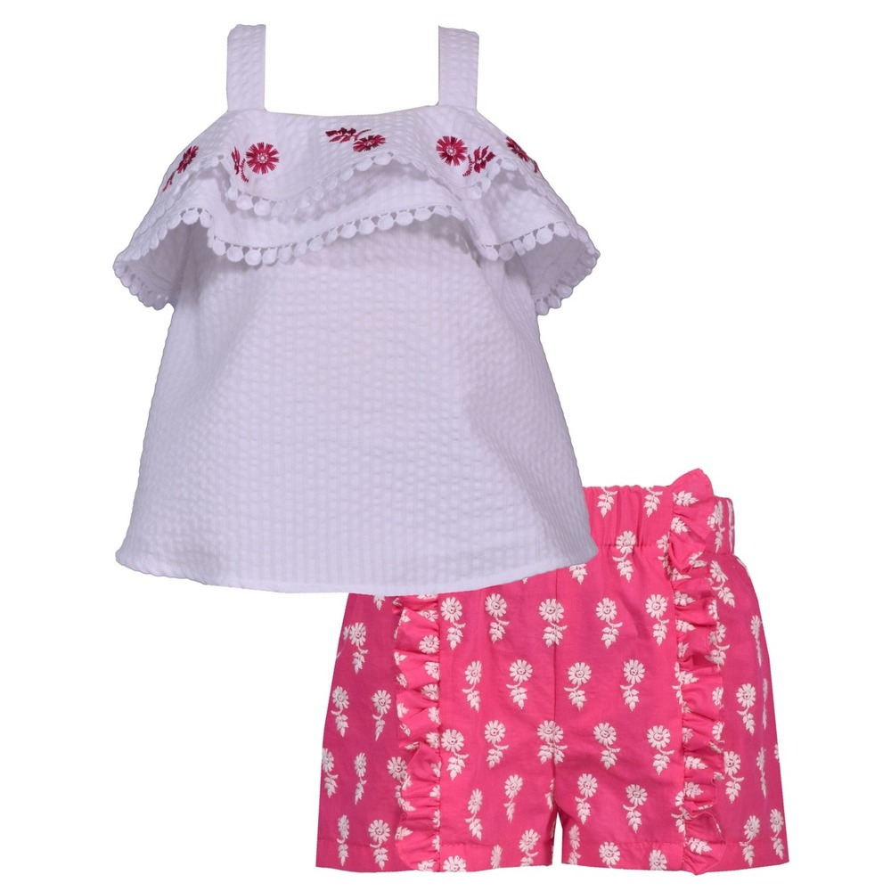 Bonnie Baby Girls Seersucker Embroidered Top and Ruffled Shorts - Pink - 18M